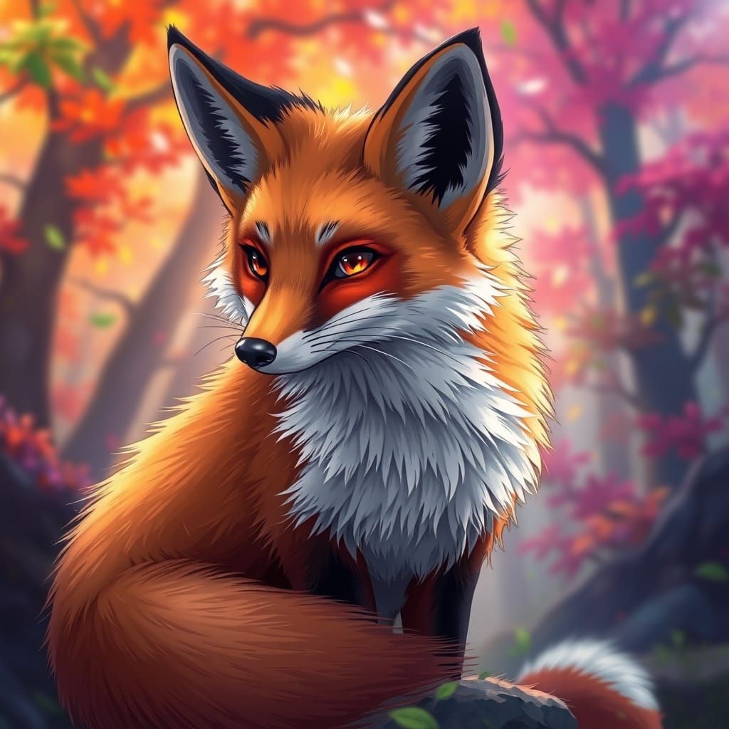 Vibrant Anime Fox in Fantastical Forest
