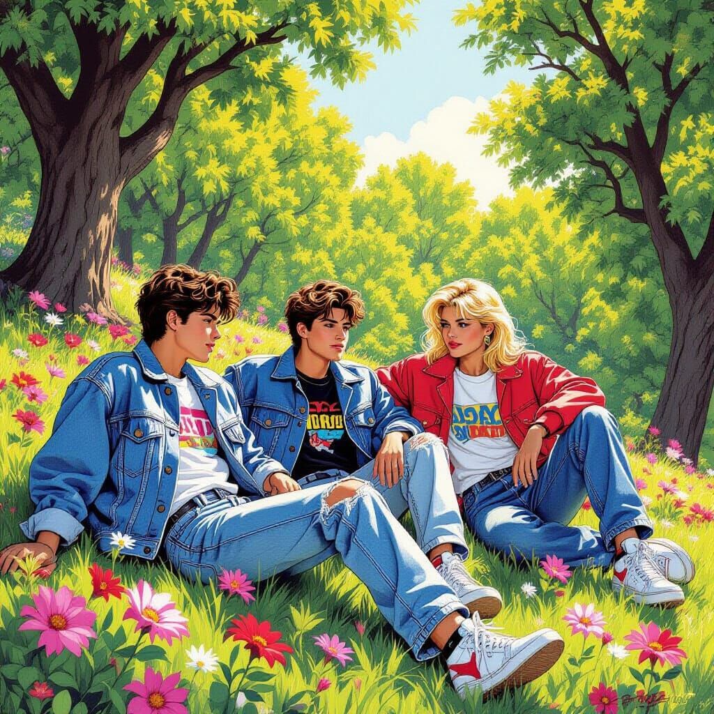 1980s Teenagers in a Park, Comic Book Style