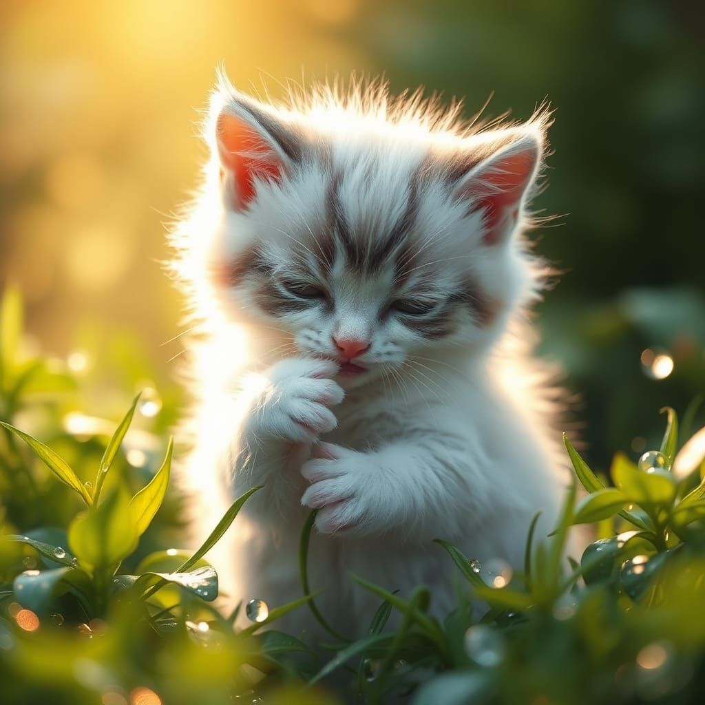 Fluffy Kitten Grooming in Dreamlike Landscape