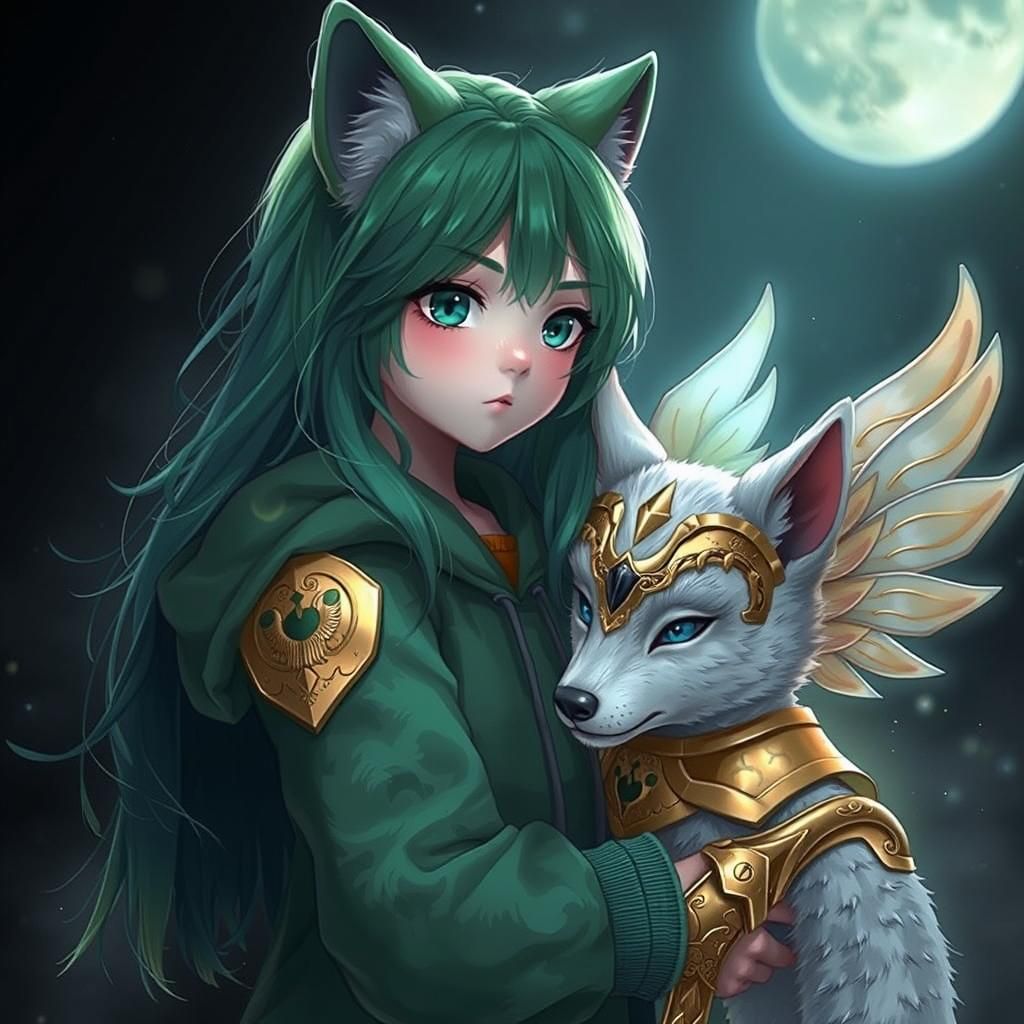 Wolf Girl with Winged Pup: Ethereal Art Nouveau Style