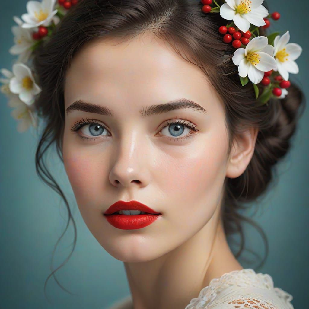 Woman in Enchanting Portrait with Flowers in Hair