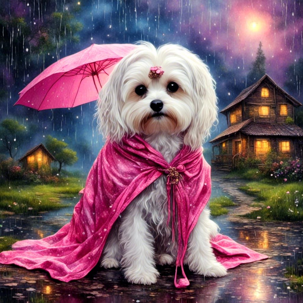 Maltese Pink Raincoat and Umbrella