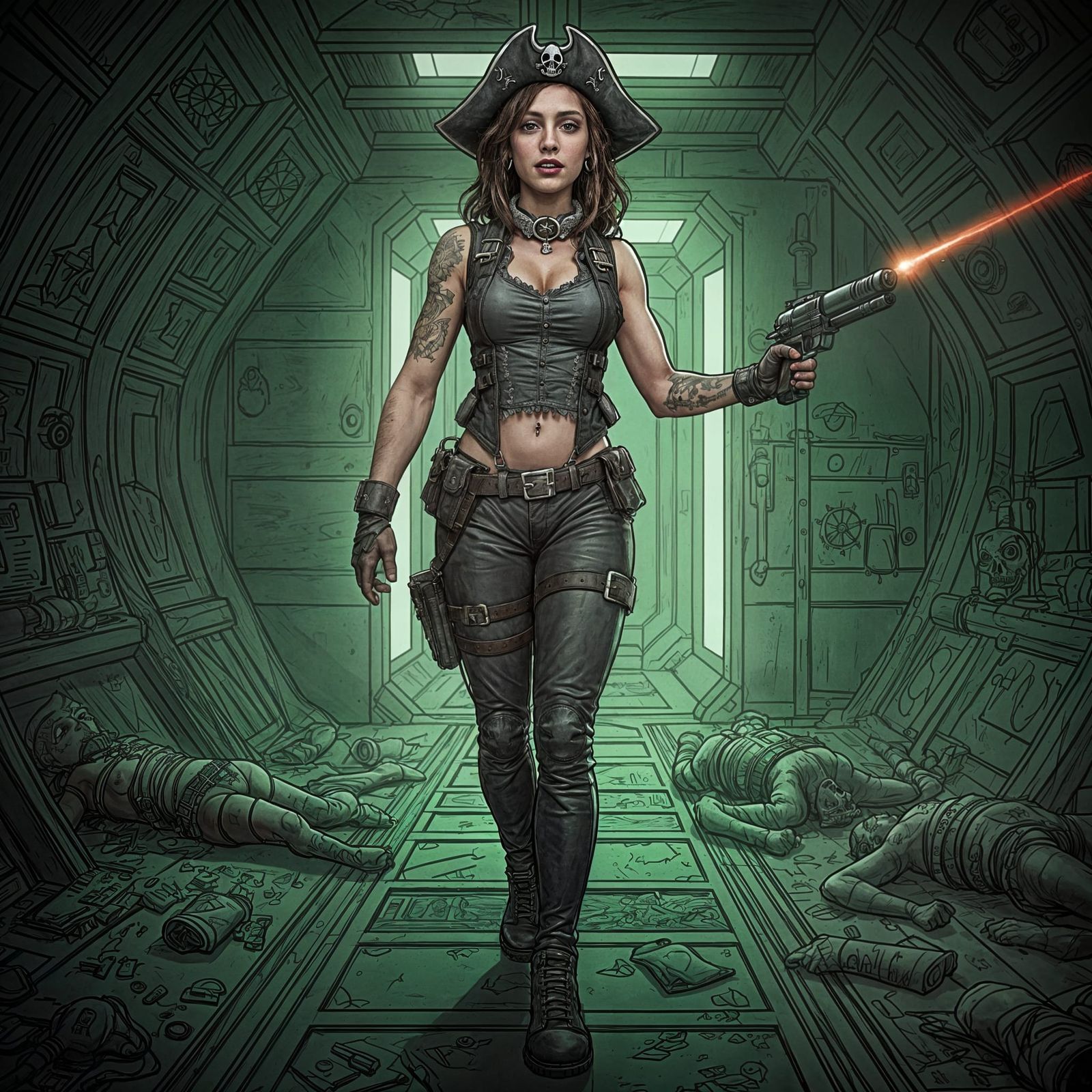 Space Pirate Aims Laser Pistol Amidst Sci-Fi Mayhem