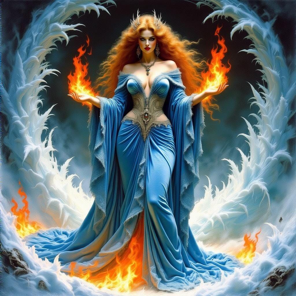 Ethereal Goddess Surrounded by Frost and Flame