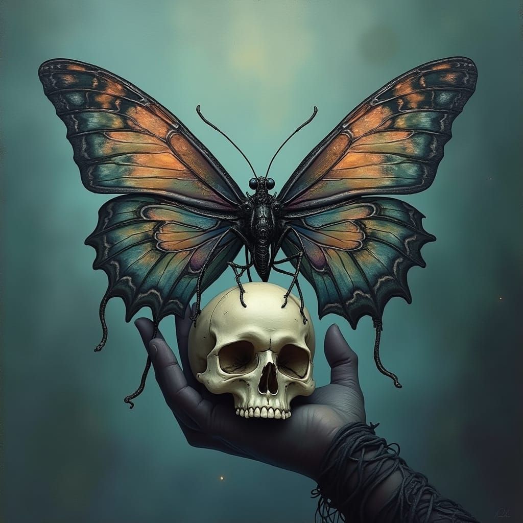 Dreamlike Gothic Butterfly with Sugar Skull in Muted Europea...