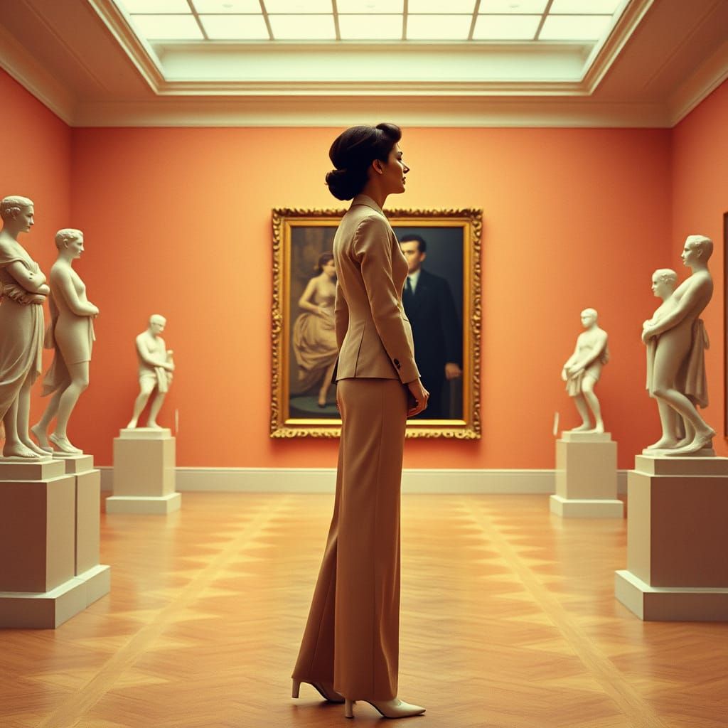 Glamorous Woman Admiring Art in 1960s Style