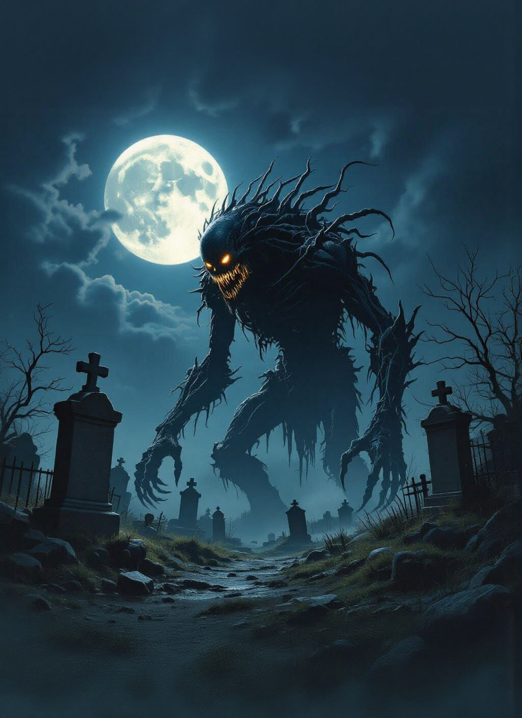 Moonlit Monster in Graveyard at Night