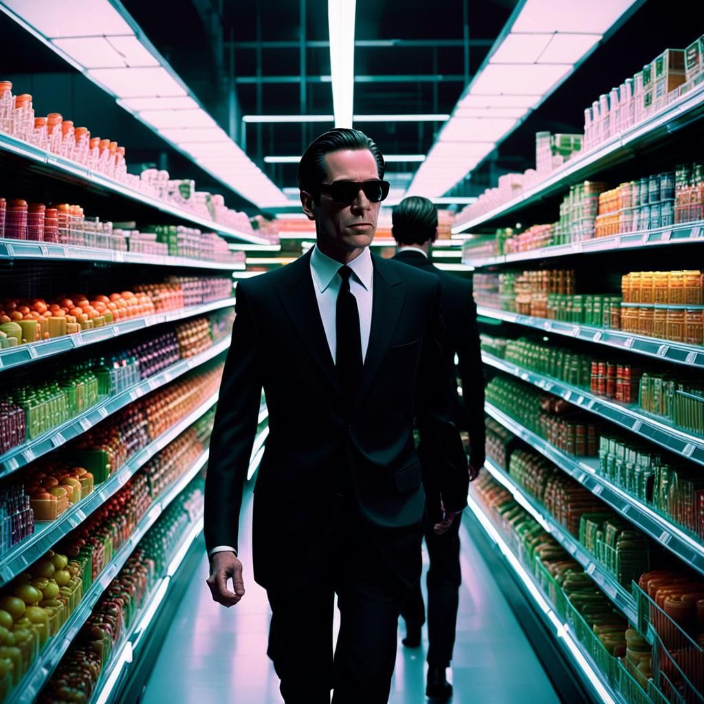 Men in Black Shop in a Gritty Neon Supermarket