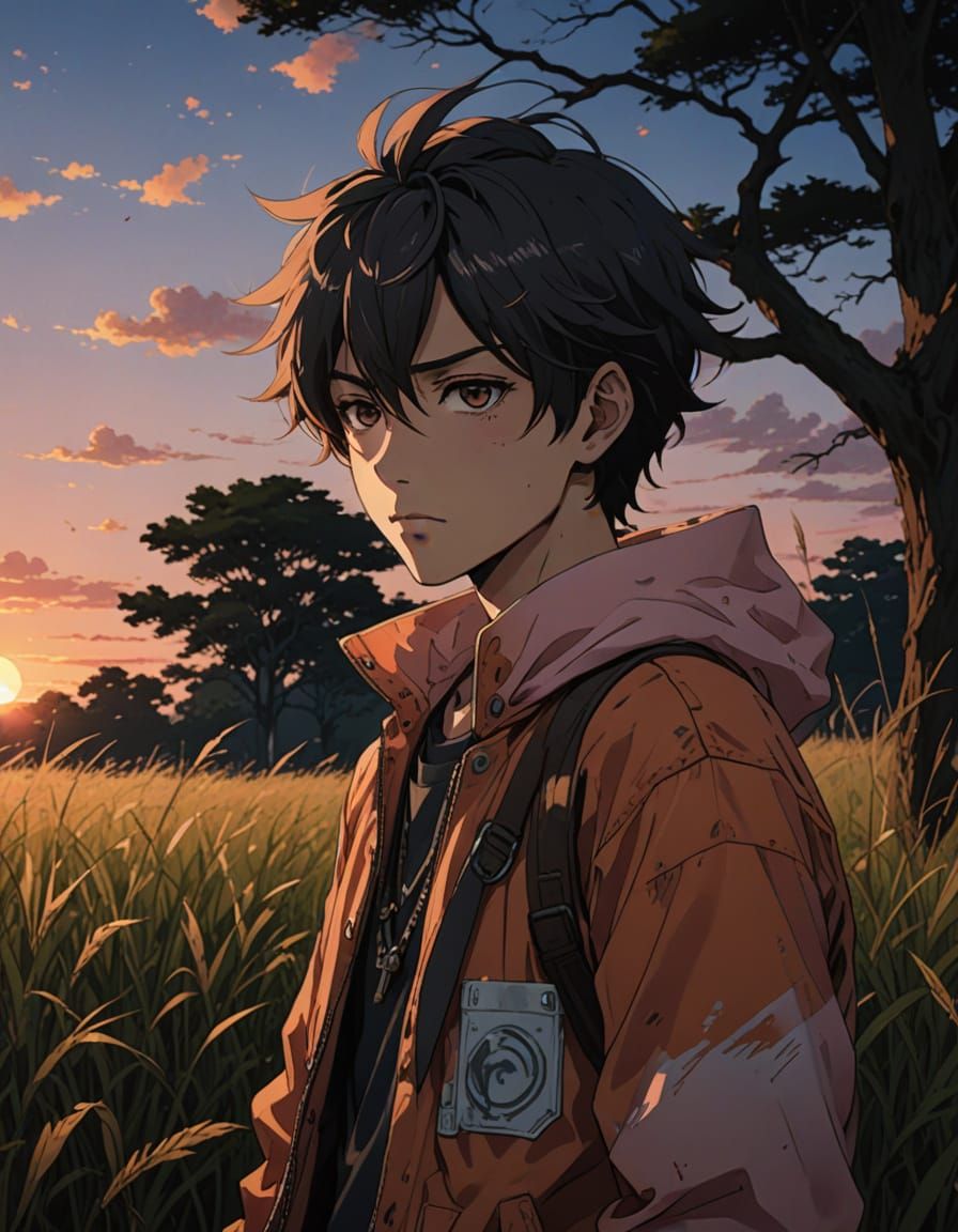 Vibrant Anime Key Visual with a Boy in a Sunset Field