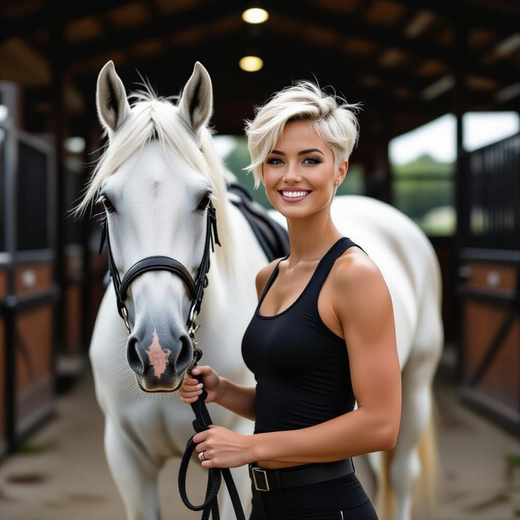 Athletic Woman Leads White Horse from Stables