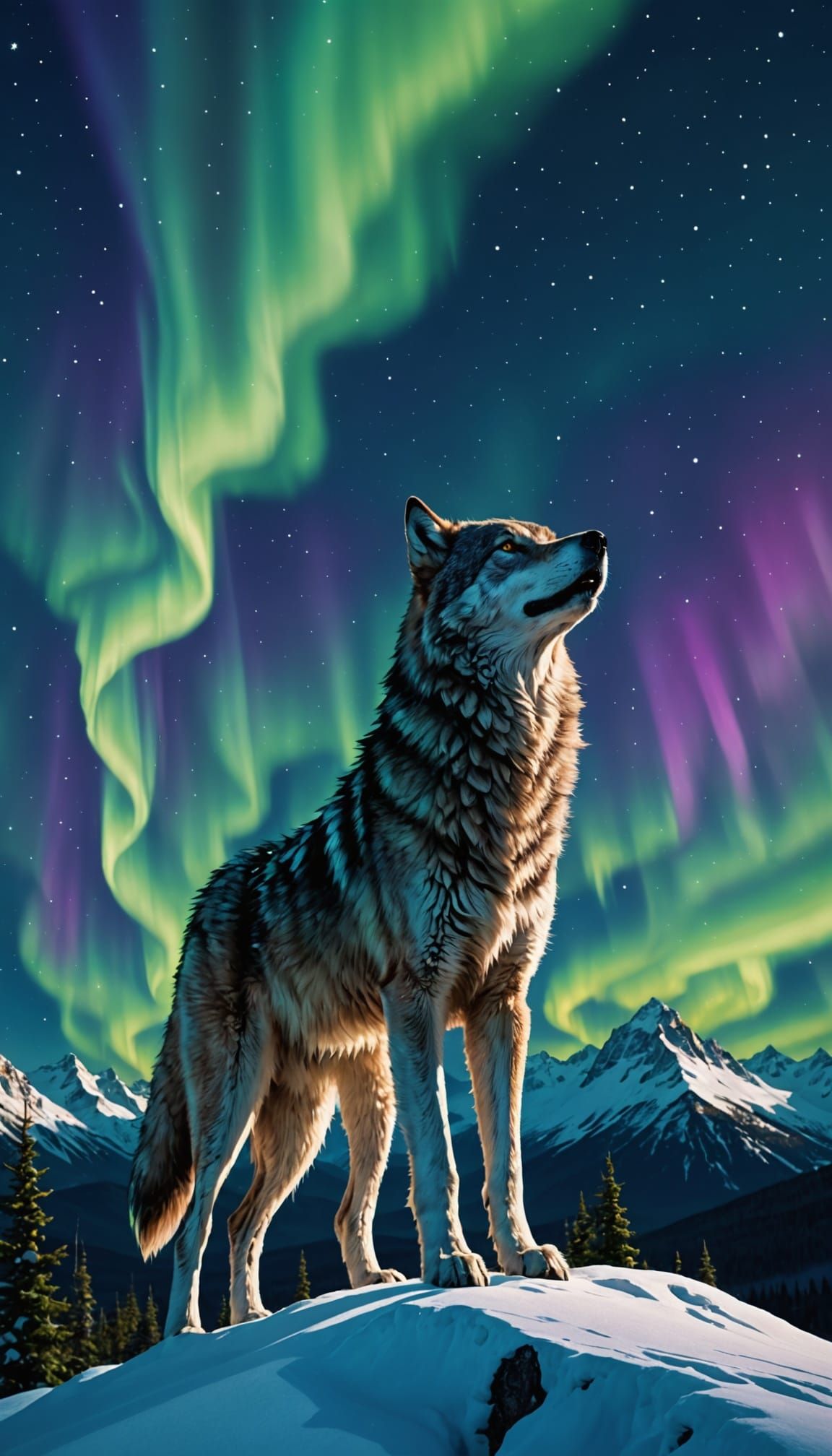 Starlight Wolf Howling at Aurora Borealis