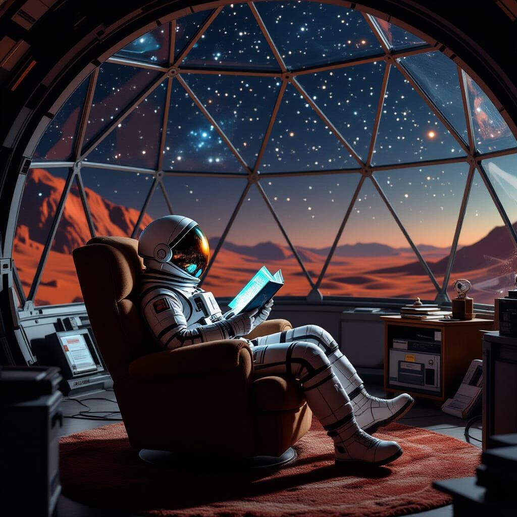 Astronaut Reading Holographic Book in Martian Dome