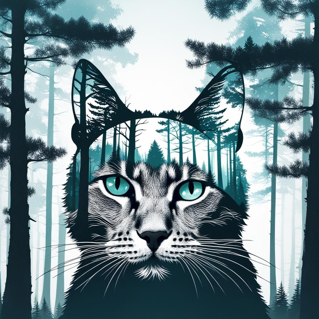 Double Exposure: Forest Cat Silhouette