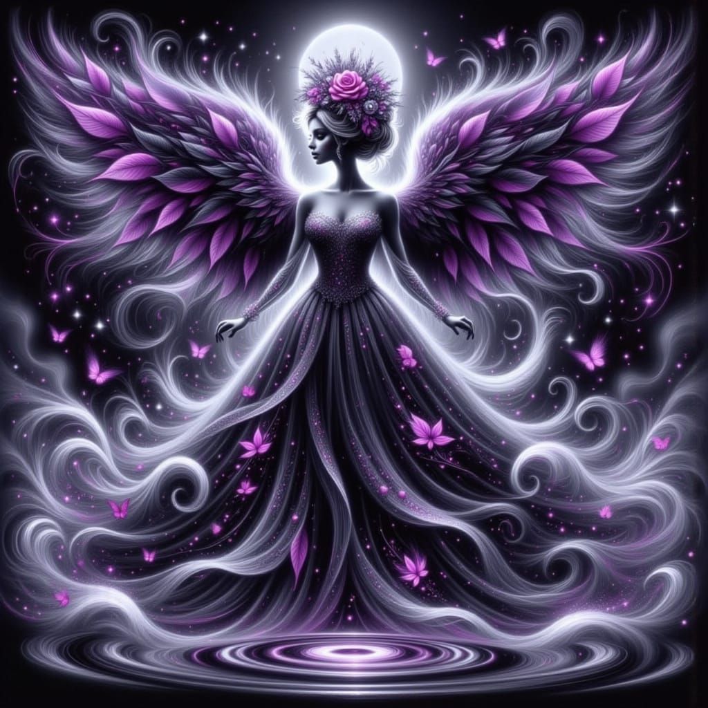 Surreal Angel Unfurls Dark Wings in Hyperspace