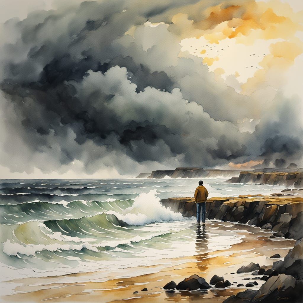 Watercolor Seascape with Figure in Golden Light