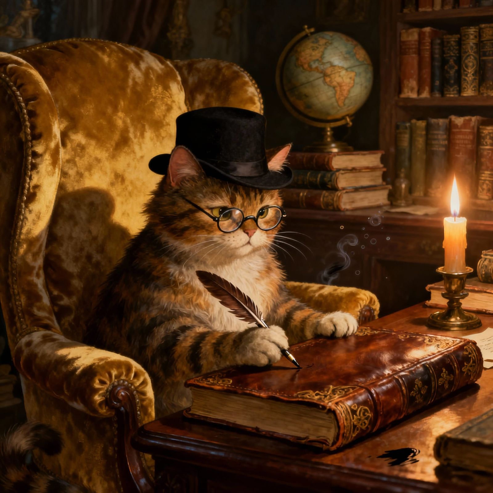 Anthropomorphic Cat Scholar in Cozy Study