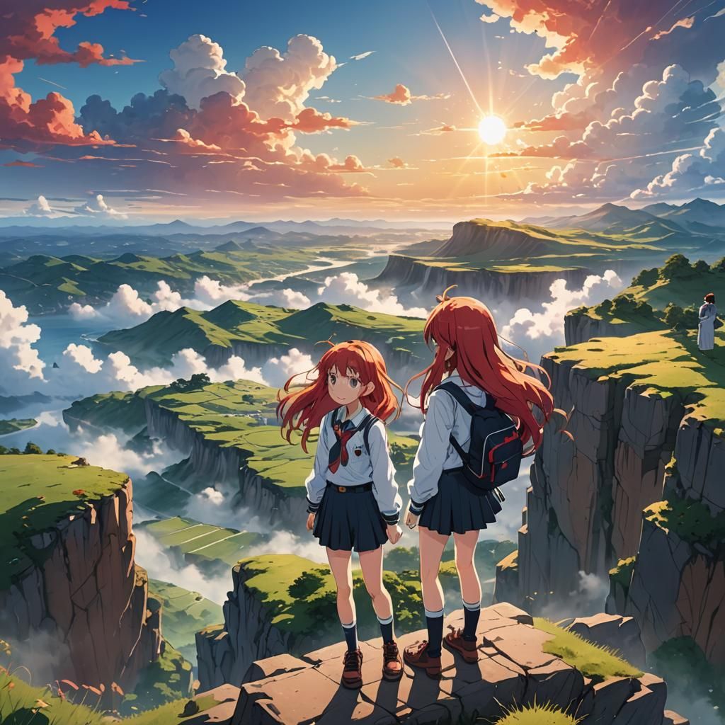 Anime Schoolgirl in a Vibrant Cliffside Landscape