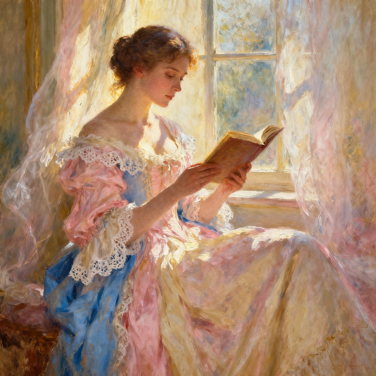 Rococo Woman Reading by Sunlit Window