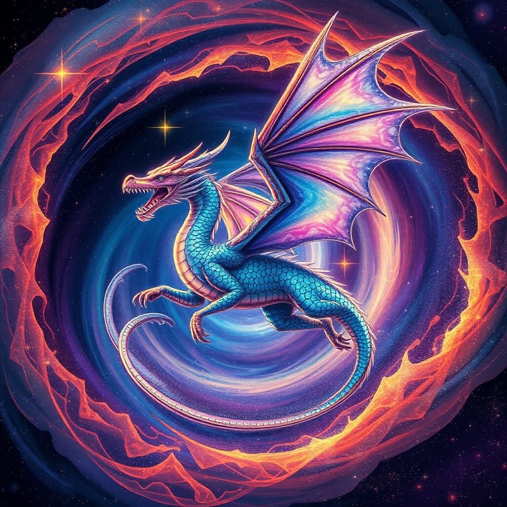 Iridescent Dragon Soaring Through Astral Vortex