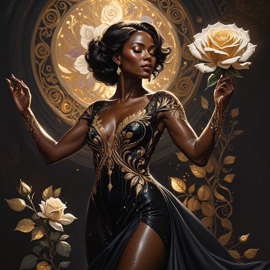 Dark-Skinned Woman with Rose in Digital Painting