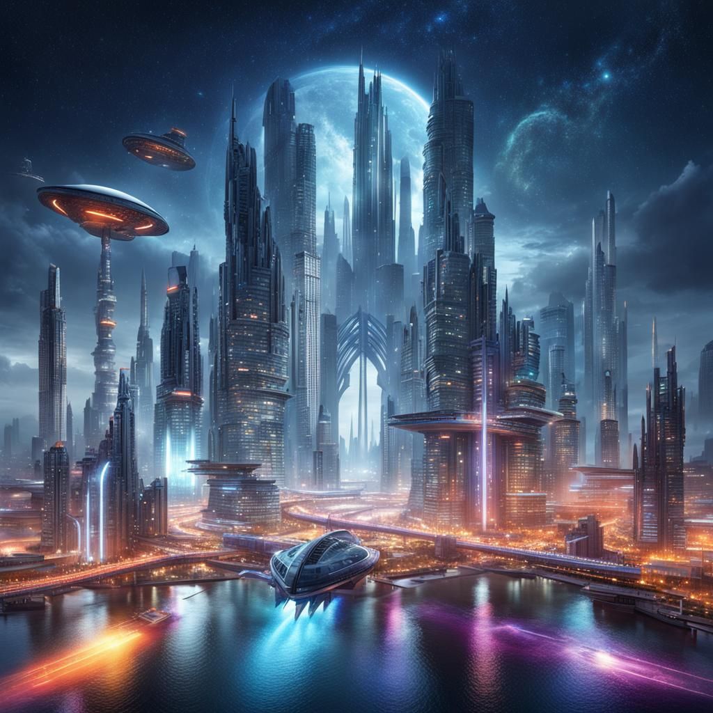 Futuristic Sci-Fi Metropolis with Gothic Glass Buildings