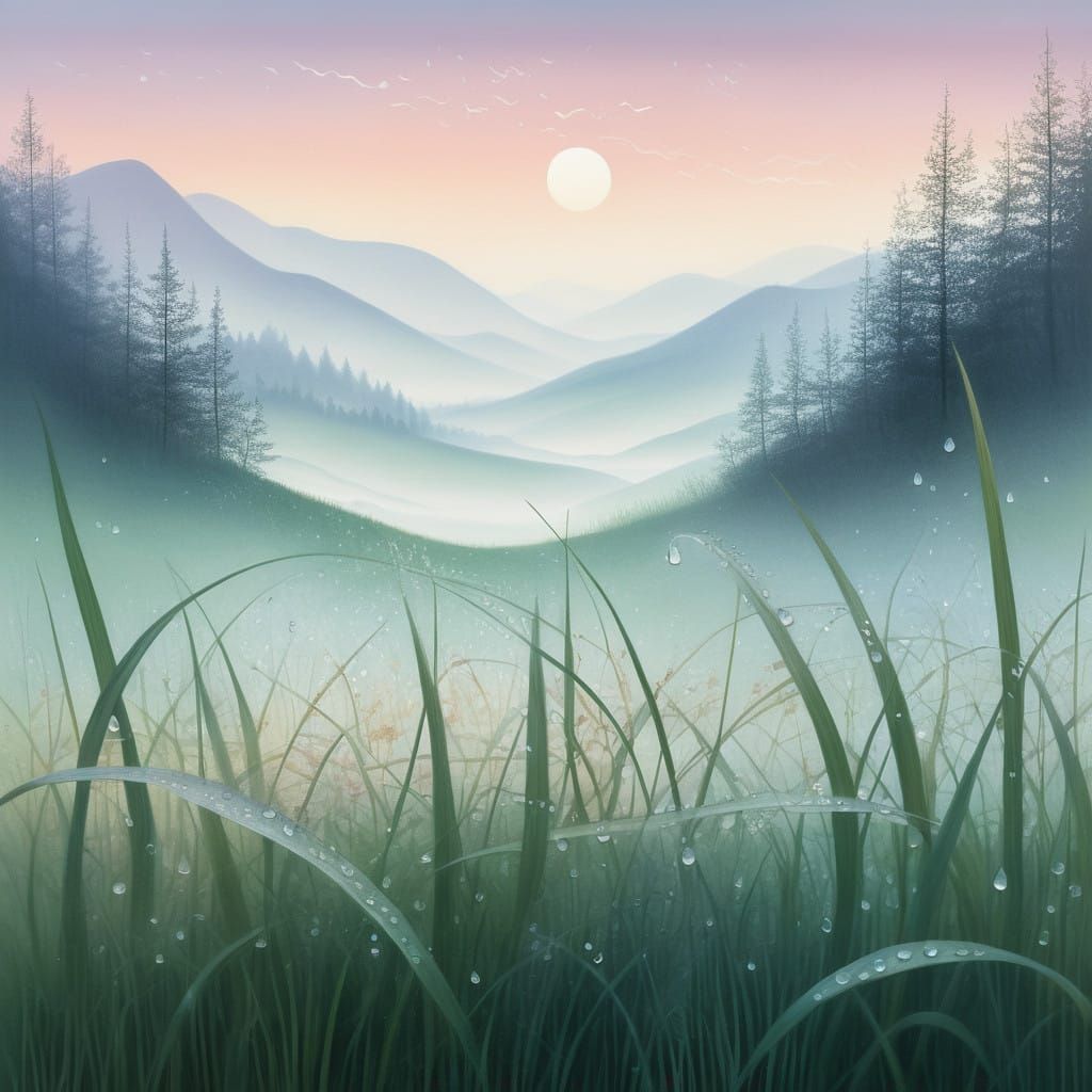 Dreamlike Morning Landscape with Intricate Grass and Pastel ...