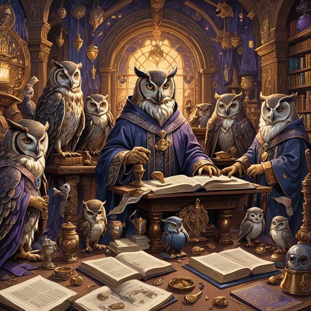 Owl Judges Deliberate in Whimsical Fantasy Illustration