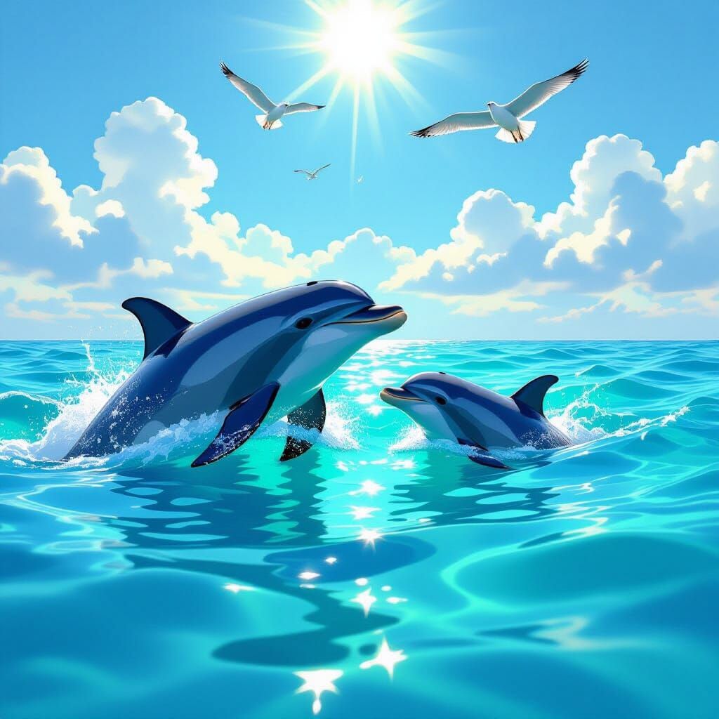 Dolphin Family in Turquoise Water: Artistic Rendering
