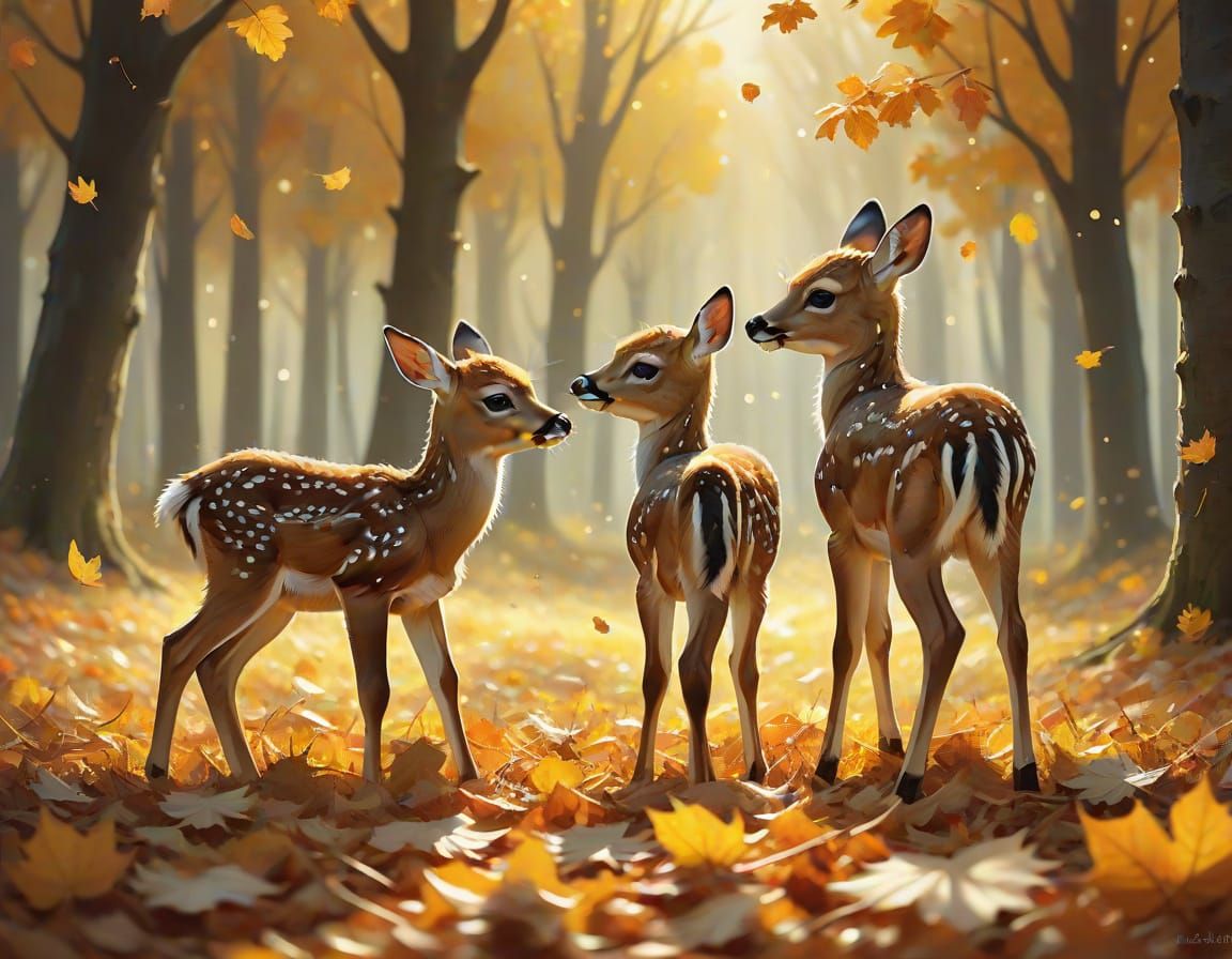 Whimsical Fawns Playing in Autumn Leaves Digital Art