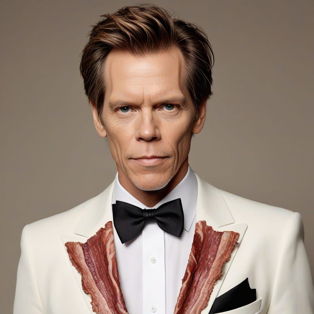 kevin bacon wearing a surreal tuxedo made  from bacon