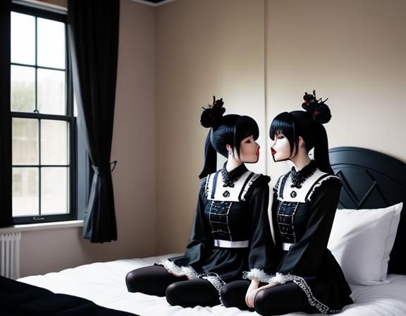 Gothic Kitsune Twins Kissing in Bedroom