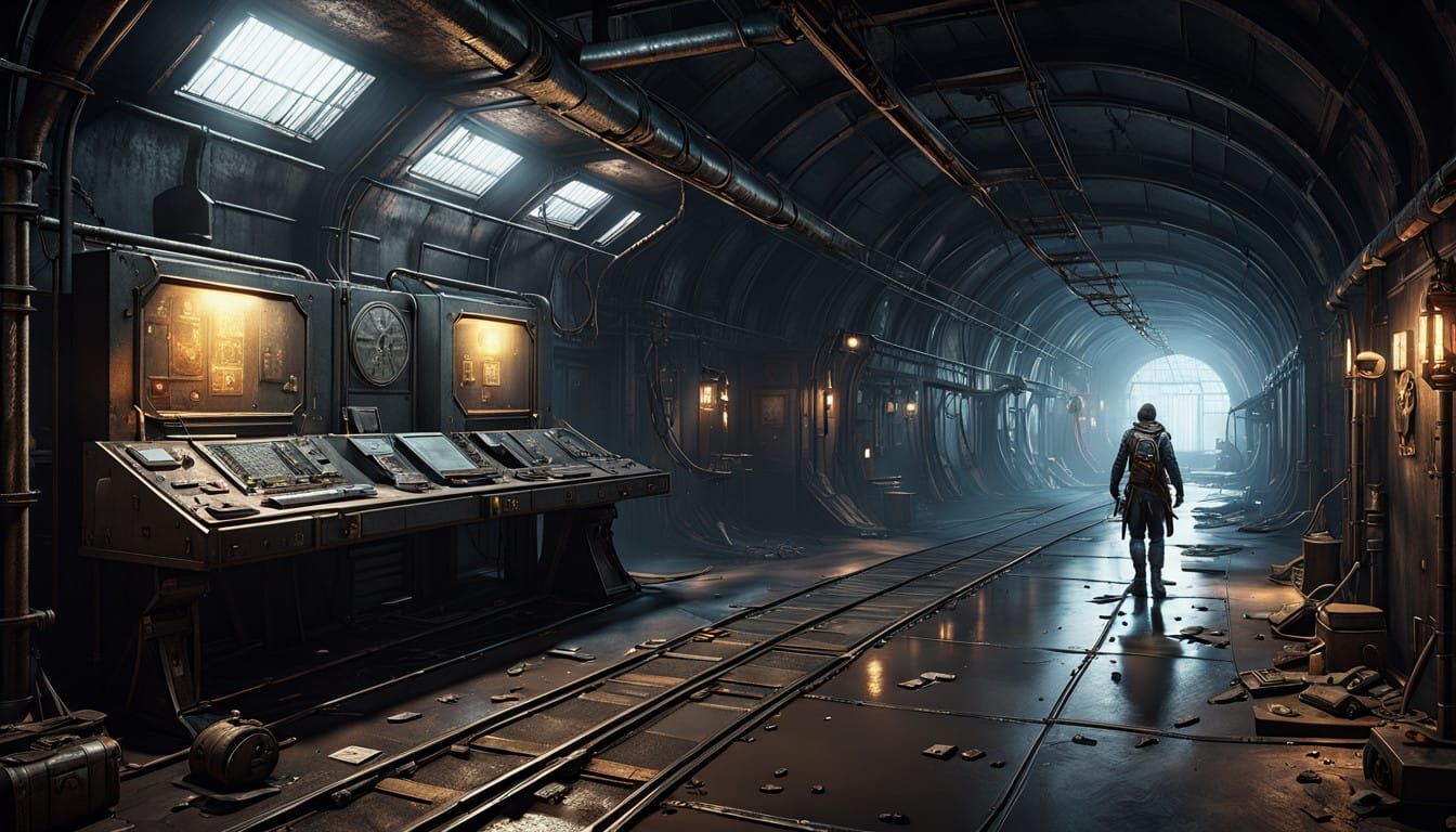 Epic Industrial Dystopia in Dark, Ominous Tunnel