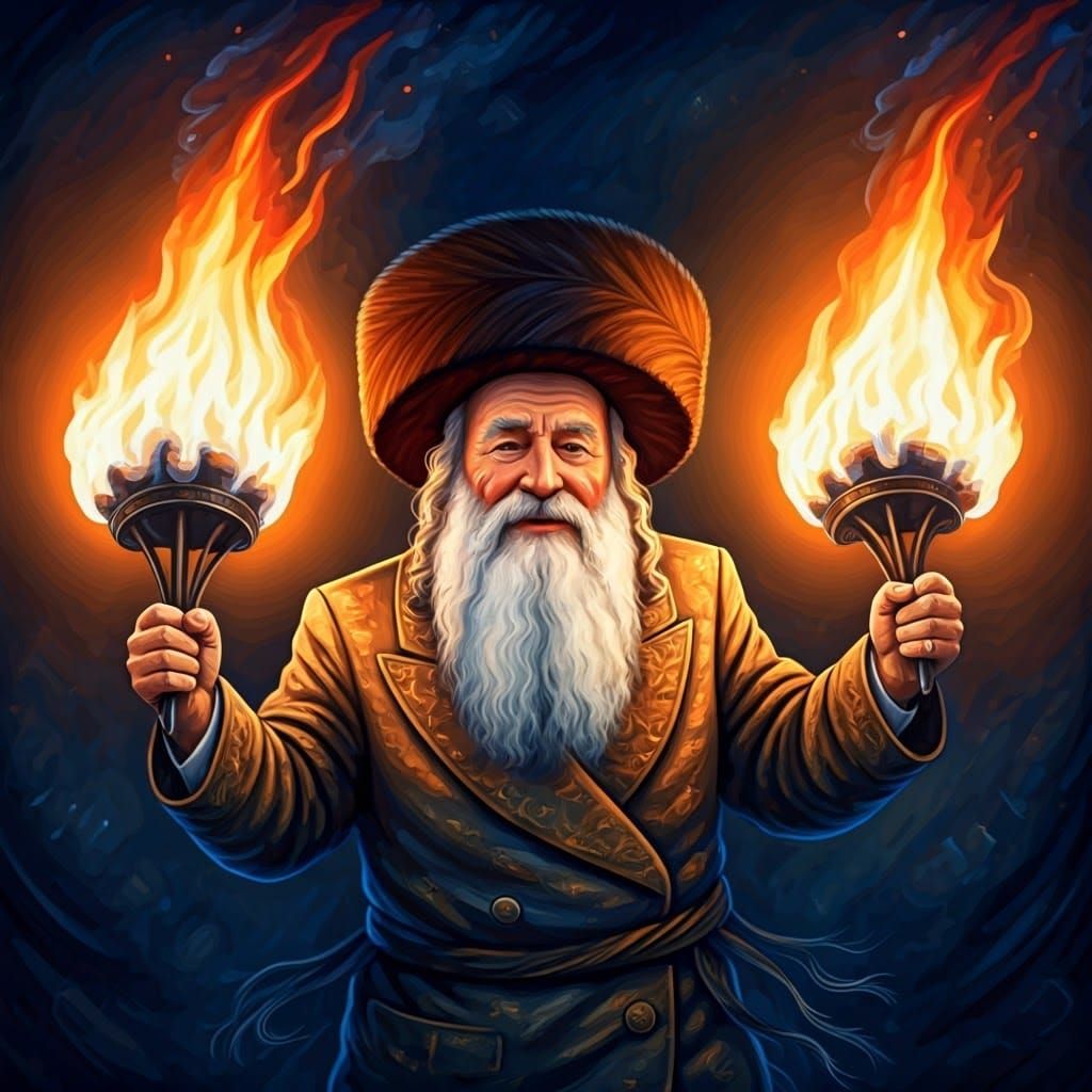 Hasidic Jew Dances with Fire in Expressionist Style