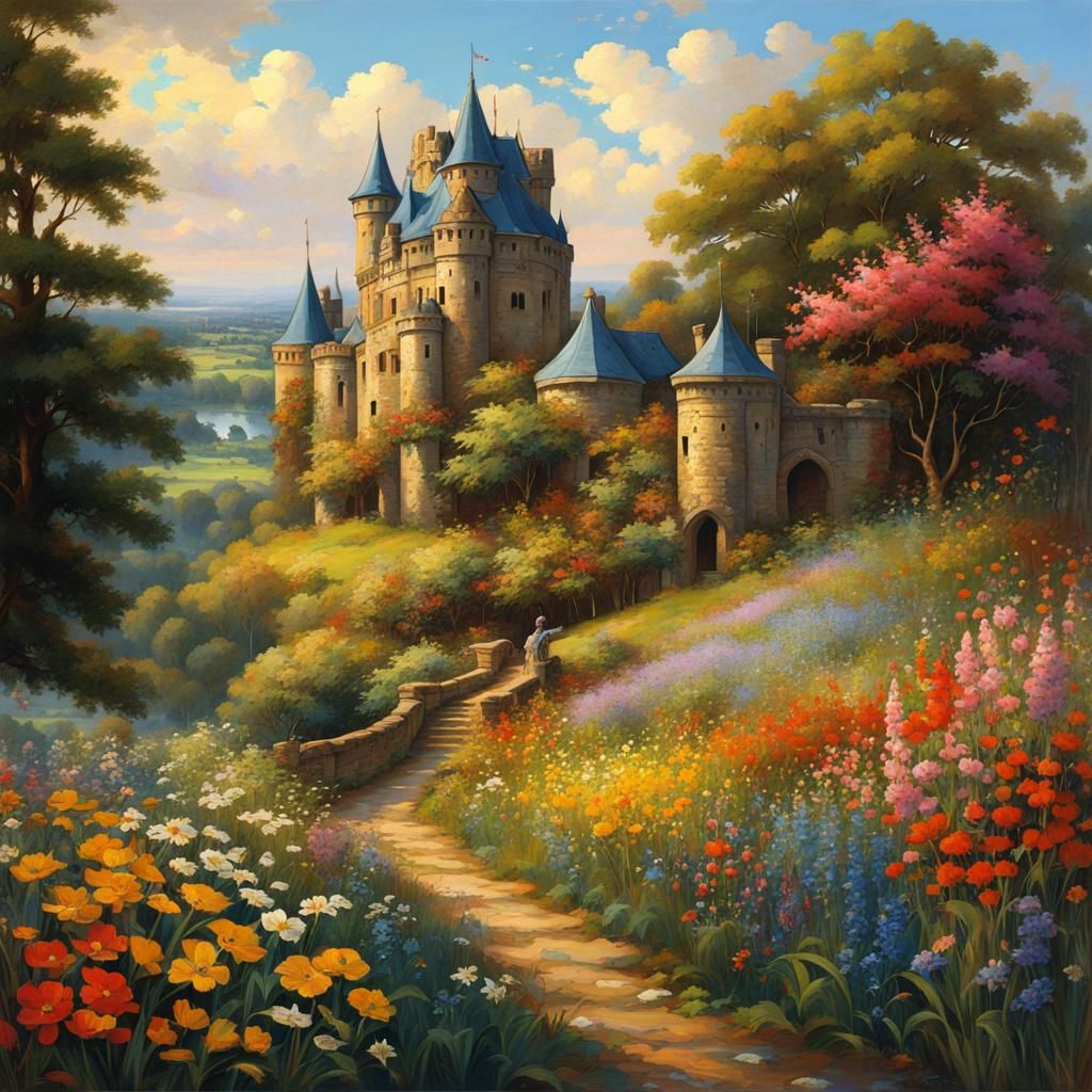 Colorful Castle and Wildflowers in Waterhouse Style