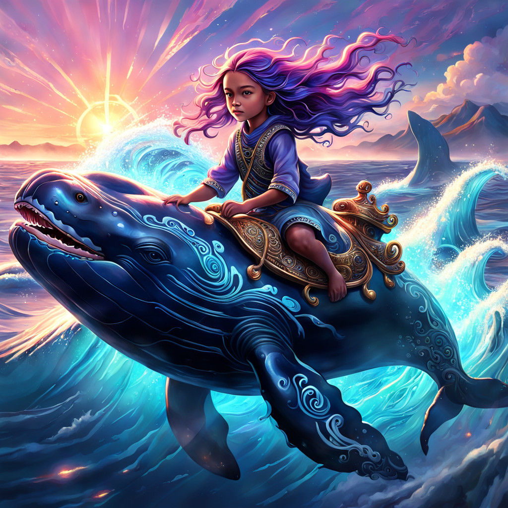 A Young Maori Child Rides a Right Whale in Vibrant Hyper-rea...