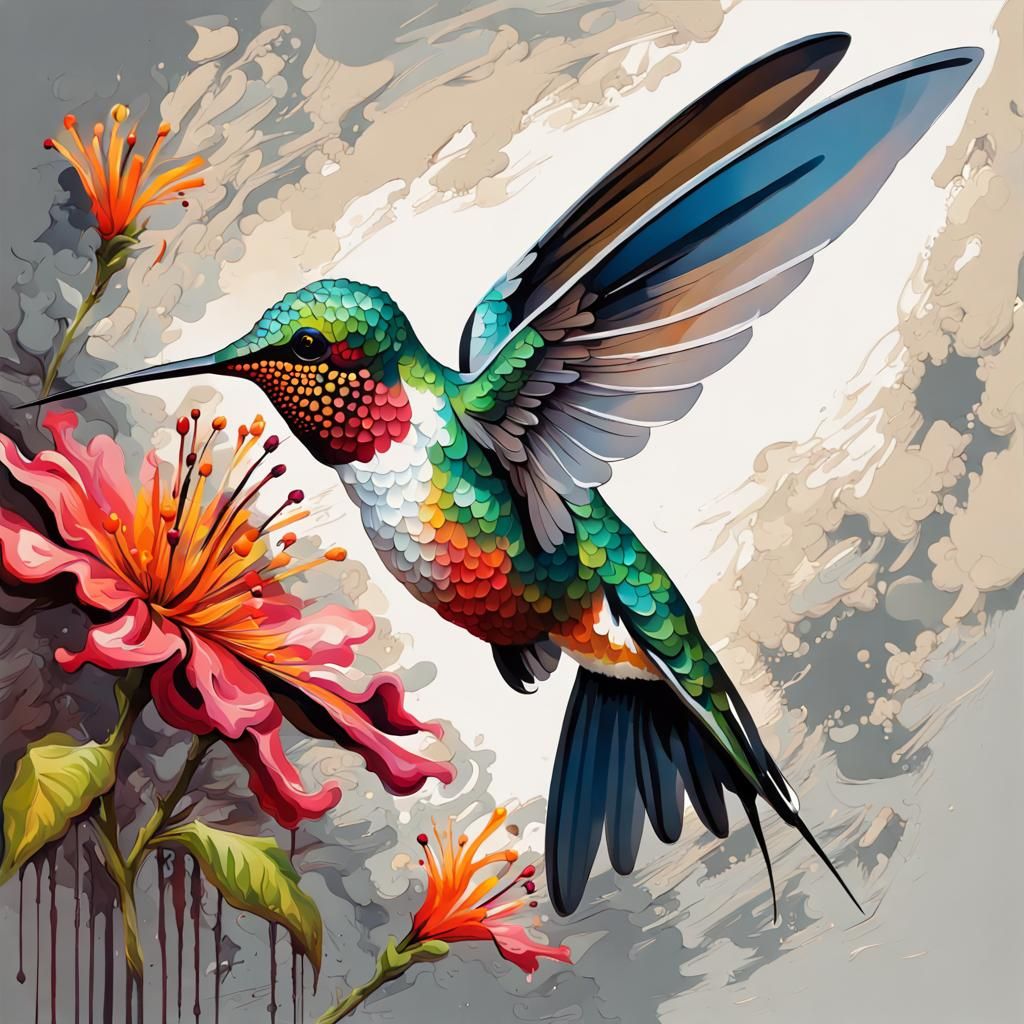 Hummingbird Feeds: Impasto Oil Painting Style