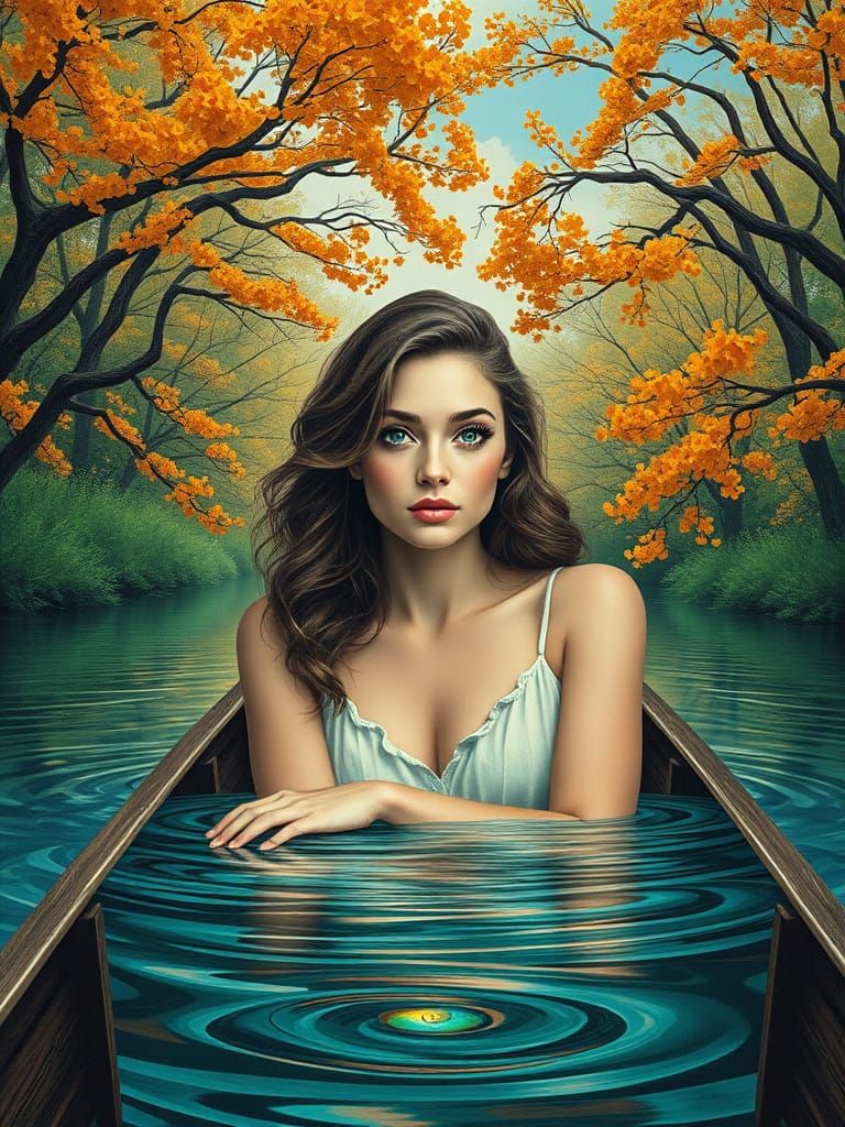 Ethereal Woodland Goddess in a Vibrant Art Deco Boat