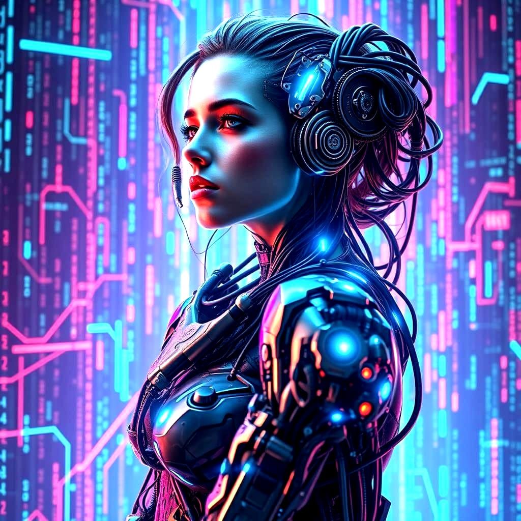 Biomechanical Woman Portrait with Matrix Background
