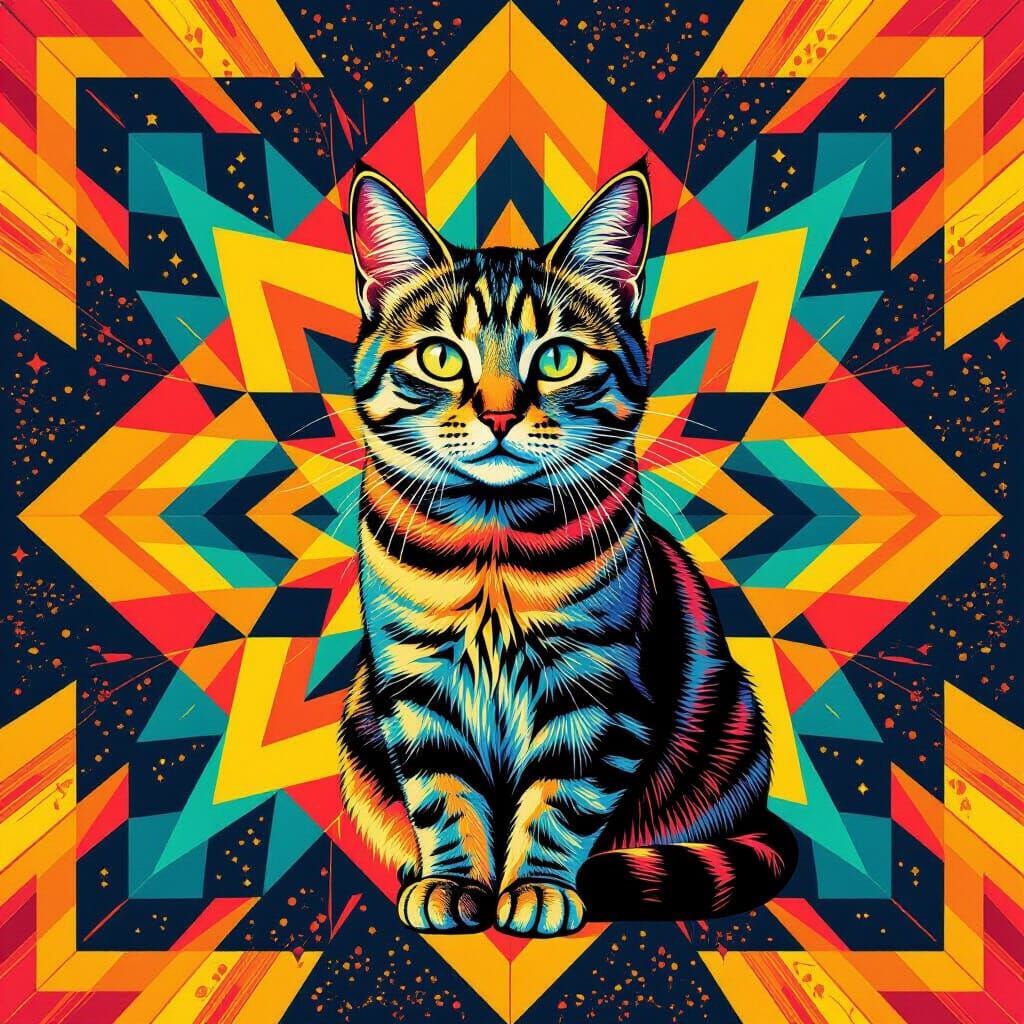 Colorful Cat in Kaleidoscopic Bauhaus Style