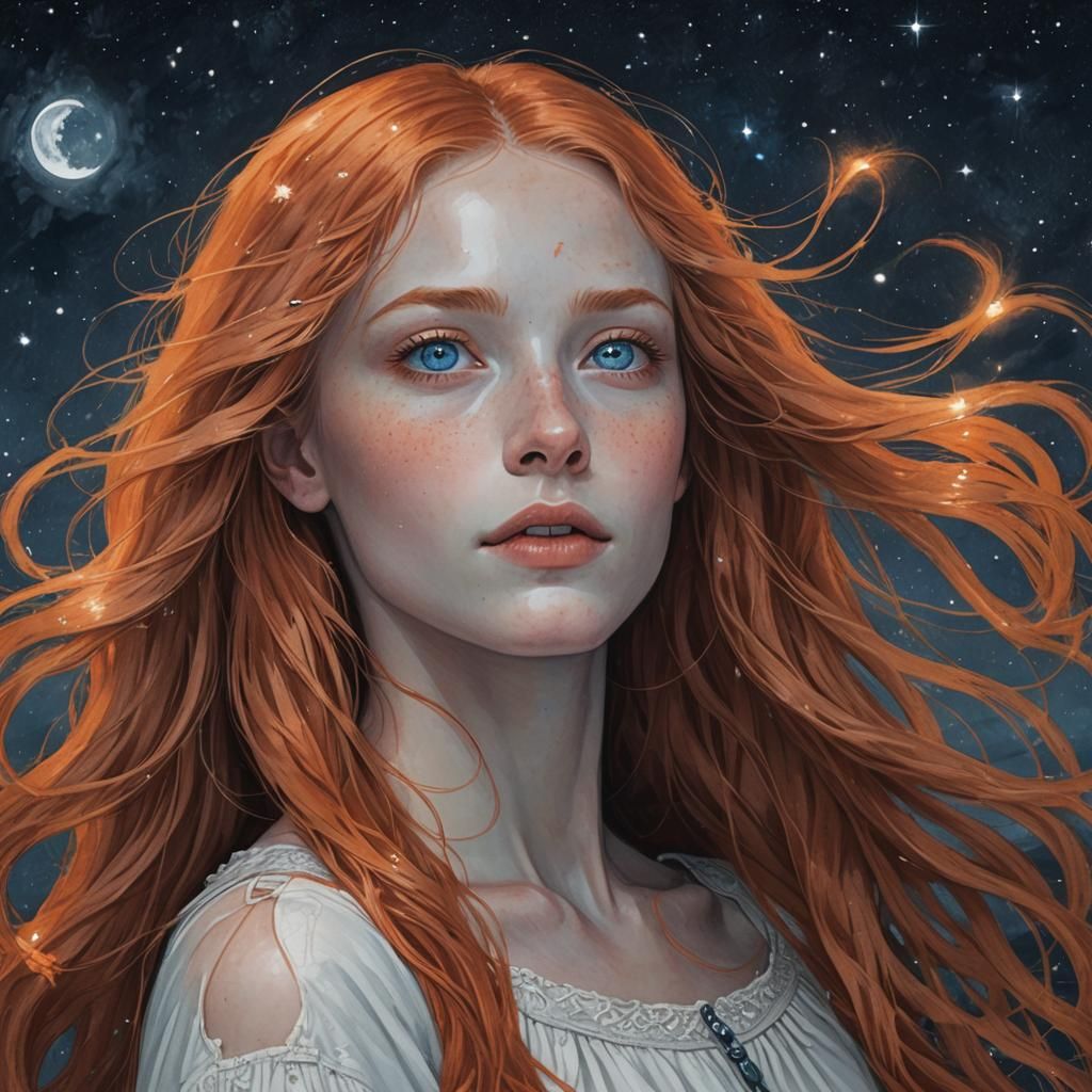 Woman with Orange Hair Gazing at Night Sky