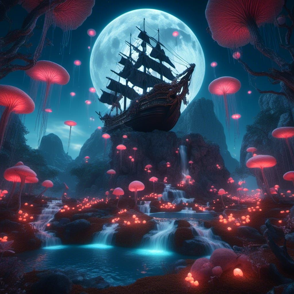 Pirate Ship at Mountain Waterfalls Under Full Moon