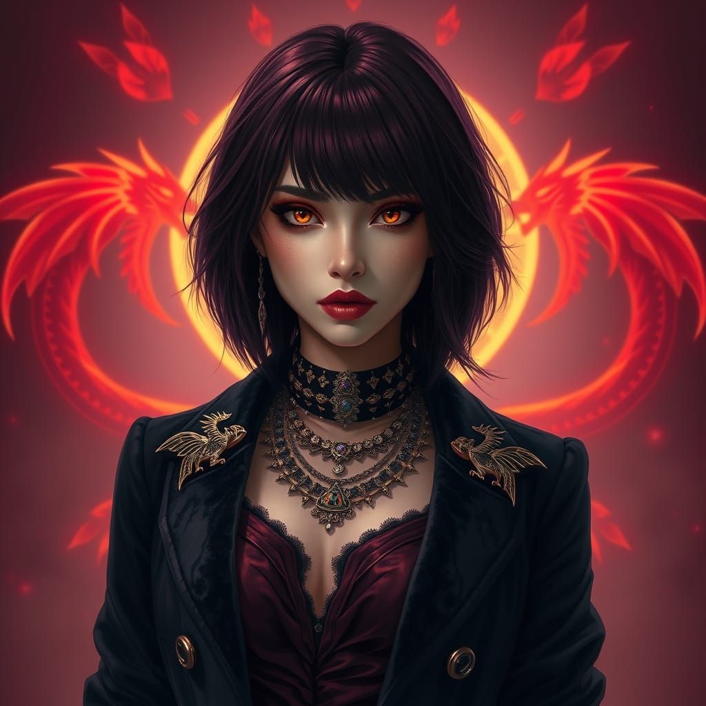 Confident Woman with Dragon Brooches in Digital Painting Sty...