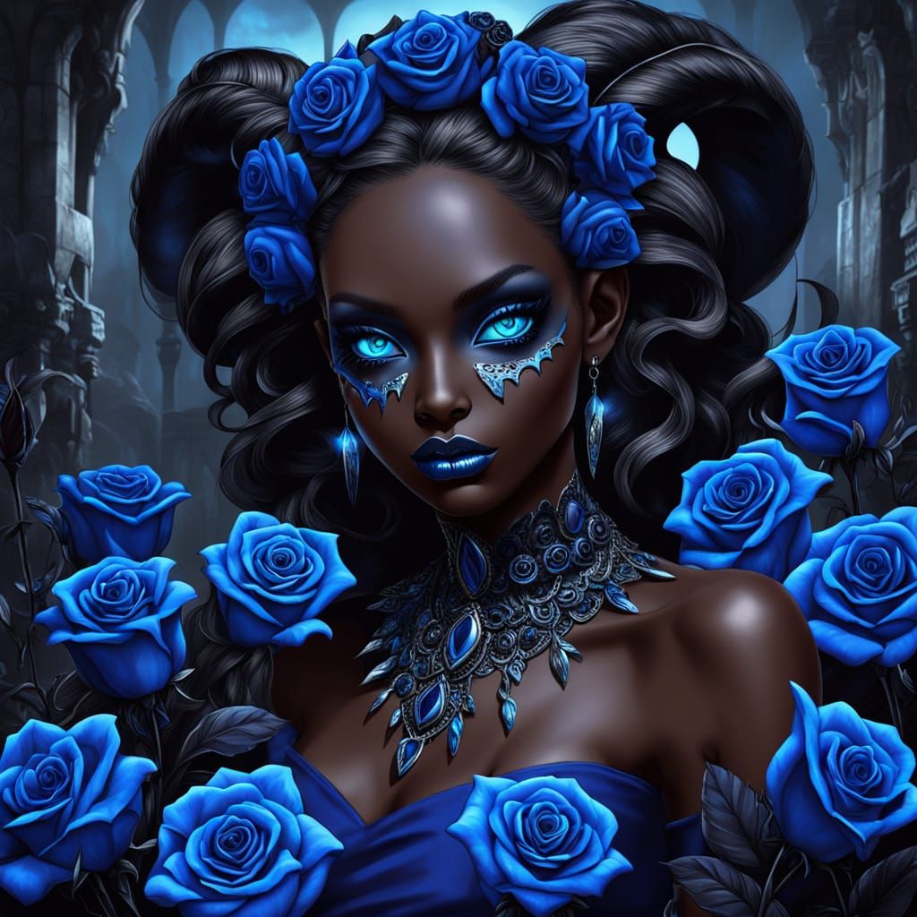 Ethereal Night Goddess with Glowing Ice Blue Eyes and Fae Fe...