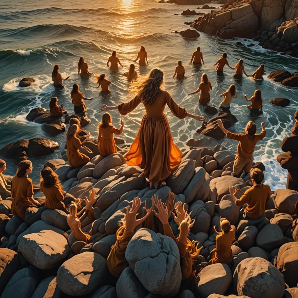 Surreal Renaissance Woman Supported on Rocky Shore