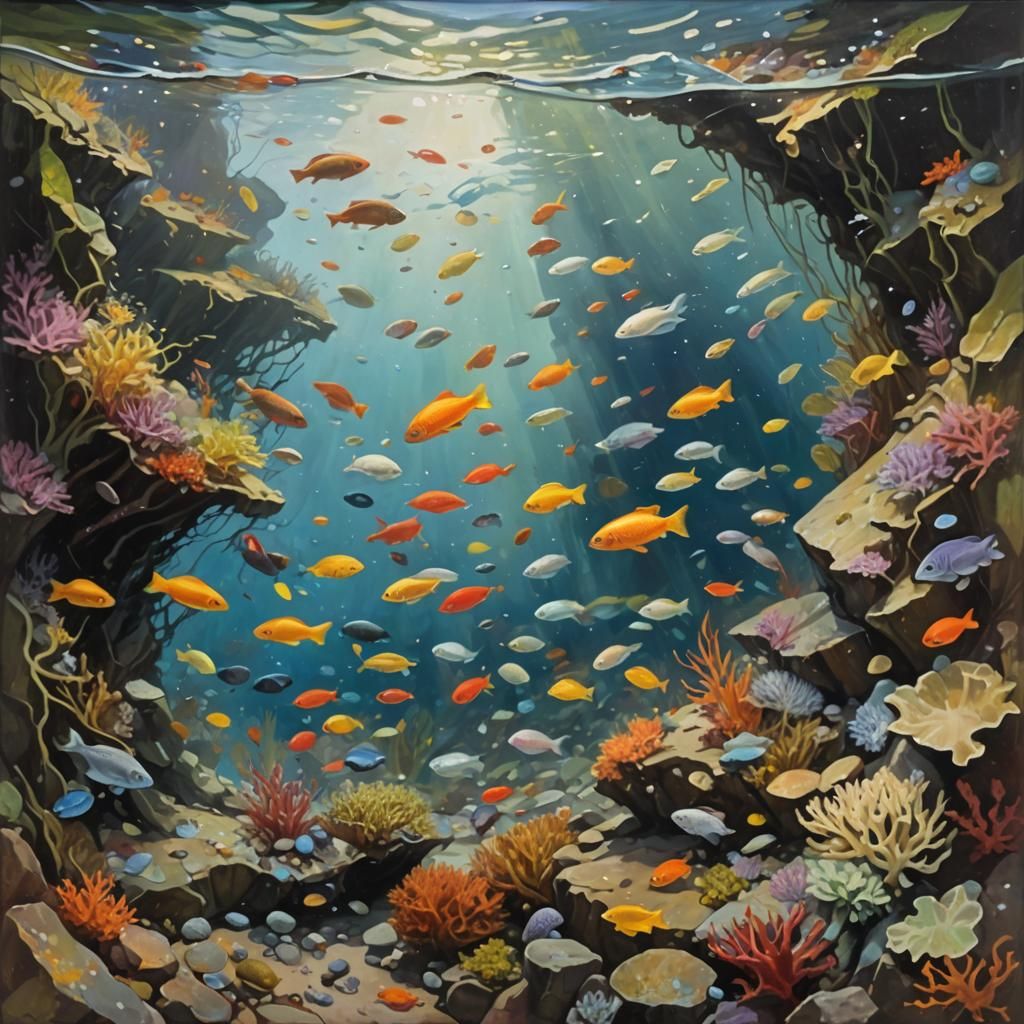 Underwater Rainbow Fish Through Sunken Window, Oil Painting
