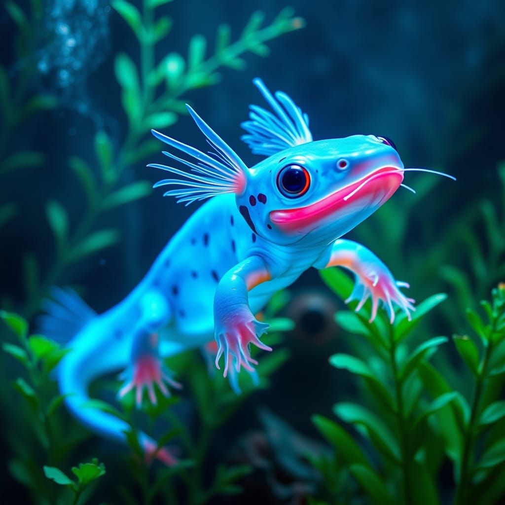 Luminous Axolotl in a Futuristic Aquarium