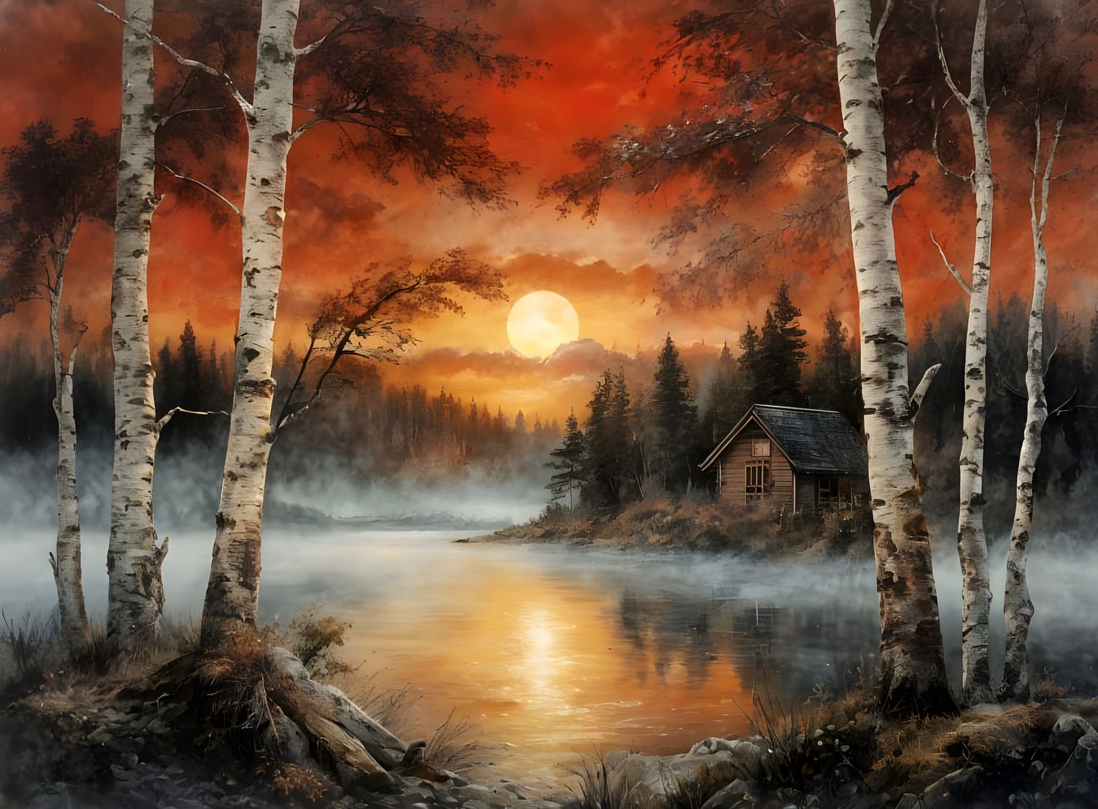 Ethereal mist, Sunlight fades in golden light, Peaceful evening.