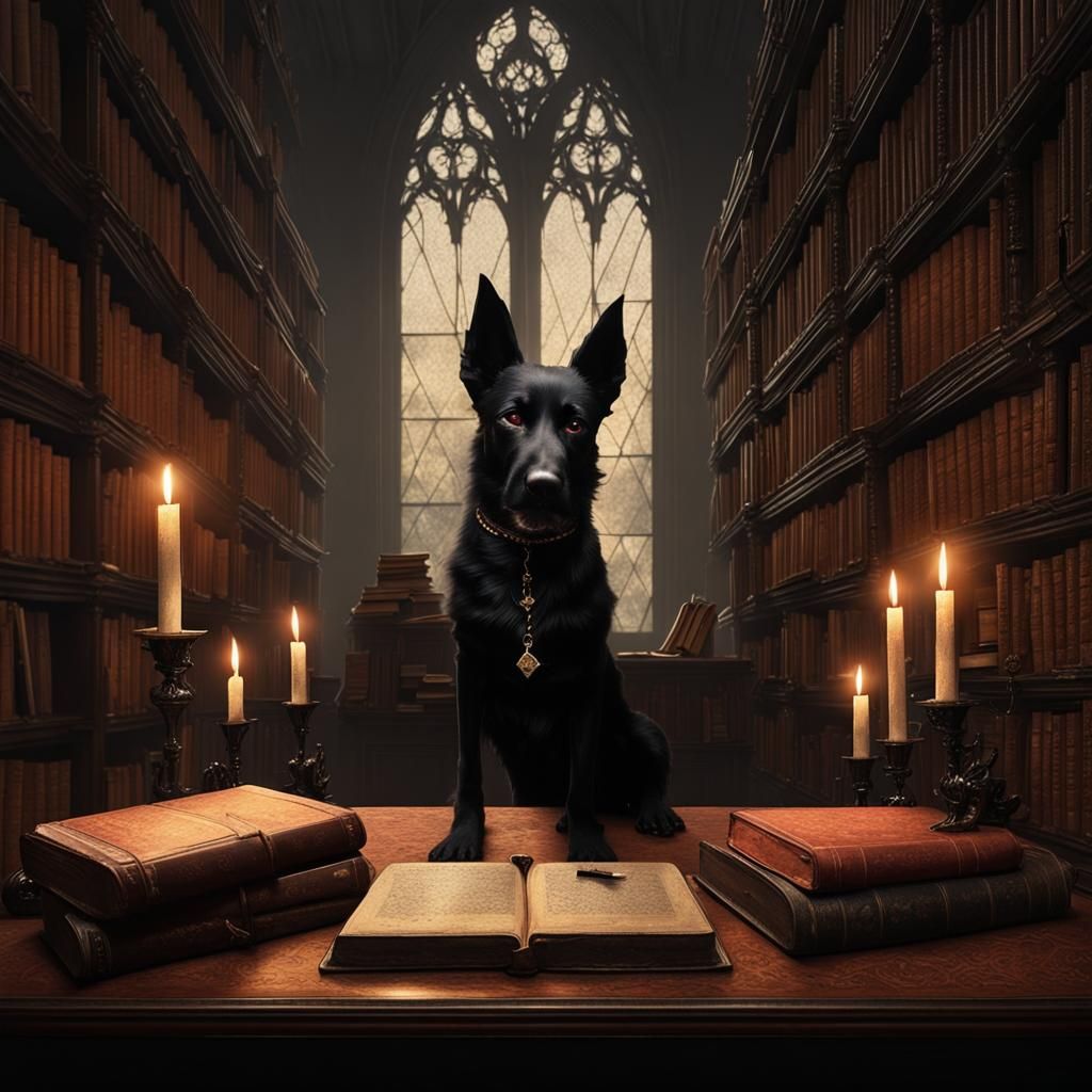Sinister Gothic Library with Dog of Knowledge