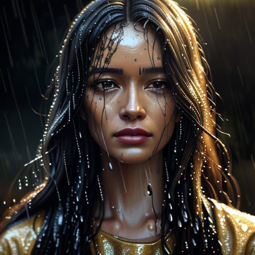 Rainfall on a Woman's Face: Expressive Oil Painting