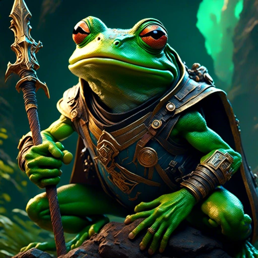 Heroic Frog Holding Stick in Fantasy Art Style